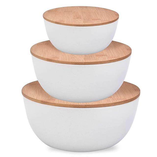 Panghuhu88 Salad Bowl with Lid, Set of 3 (7" + 8.8" + 11") Serving Bowl with Bamboo Cover, Bamboo Fiber Mixing Bowl for Salad Cereal Pasta Soup Fruit Popcorn Chips, White