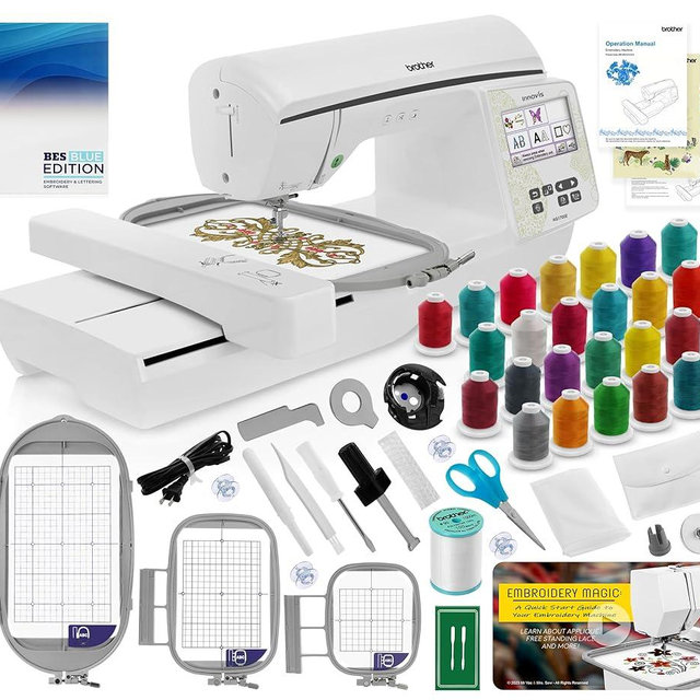 Brother NQ1700E Embroidery Machine, 6" x 10" Field Size, Cuts Jump Stitches, Wireless, Includes BES Lettering Software + Brother SA438 4" x 4" Hoop + 24 Spools of Jewel Thread + Embroidery Magic Video