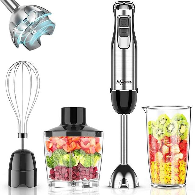 Immersion Blender Handheld, Makoloce 800W 12-Speed 4-in-1 Stick Hand Blender with 500ml Food Grinder, 600ml Container, Egg Whisk for Puree Infant Food, Smoothies, Sauces and Soups