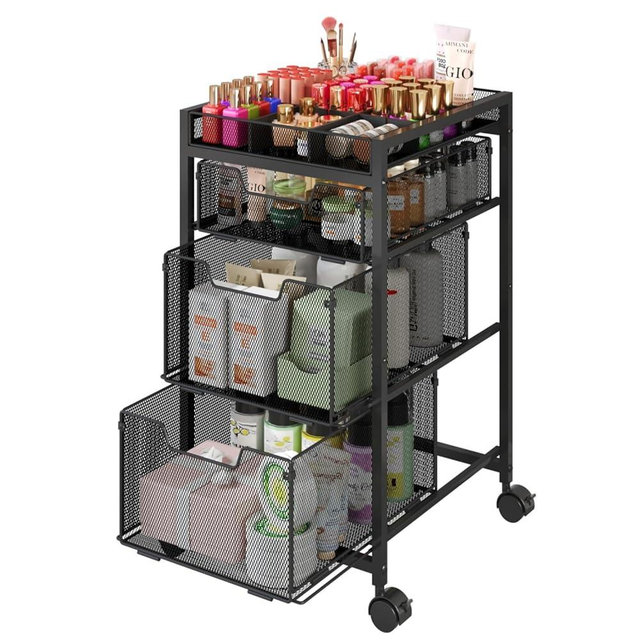 JKsmart Rolling Makeup Cart Organizer with 3 Drawers, Cosmetics Display with Dividers, Floor Skincare Storage with Wheels, Versatile Vanity Organizer for Nail Polish Perfume Brush Hair Tool, Black