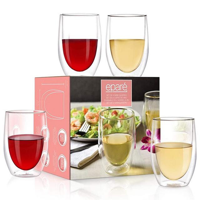Eparé Wine Glasses - 13oz Set of 4 - Double-Walled Glassware - Stemless Drinking Glass - Red & White Wine Tumblers