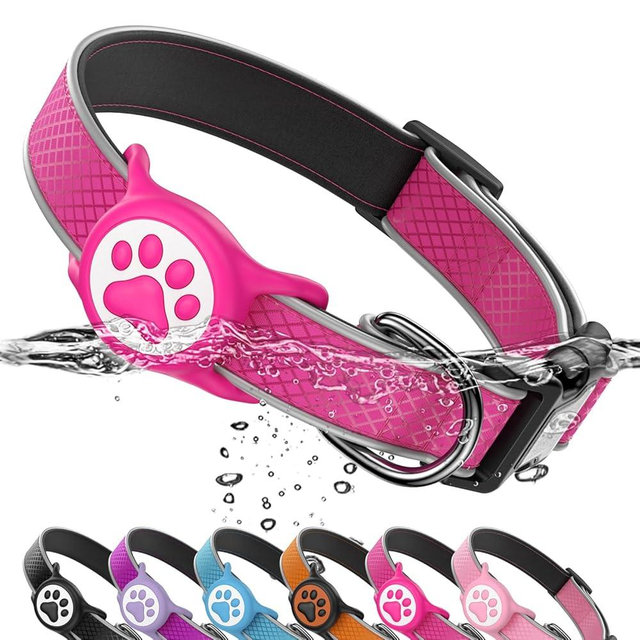 Reflective Dog Collar with Waterproof air tagholder & Anti-Lost QR Code | Ultra-Durable | Soft Padded | Safety Locking Buckle | Fit Large Dogs (Rose Red L(15.7"-23.6"))