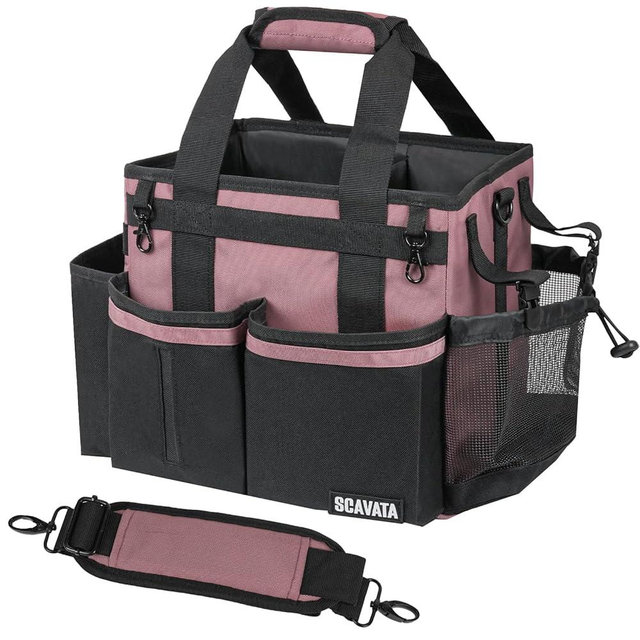 SCAVATA Compact Wearable Cleaning Caddy, Small Cleaning Caddy Supplies Organizer with Handle & Shoulder Straps for Housekeepers, Under Sink & Car Cleaning Tool Organizers Bag (LotusPink)