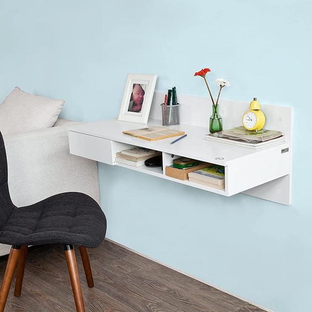 Haotian FWT30-W, White Wall-Mounted Computer Table Desk, Home Office Desk Workstation, with 1 Drawer and 2 Open Compartments