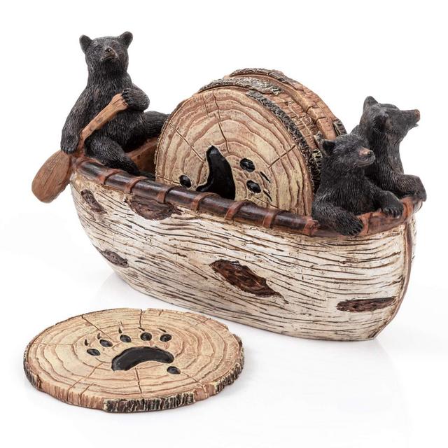 Bear Coasters Set - 6 Full Size Rustic Coasters in Handmade Canoe with Adorable Black Bear Figurines | Log Cabin Decor, Black Bear Decor, Cabin Decorations Rustic Lodge Decor for The Home