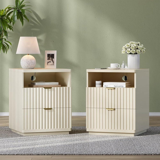 XinLiLai Night Stand Set 2, Nightstand with Charging Station Bedside Table, Morden Fluted Bed Side End Table with 2 Drawers, Wood Small Nightstand for Bedroom Living Room (2, Beige)
