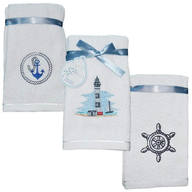 Decorative Luxury Fingertip and Bath Towel Sets - Embroidered Nautical Design Made with 100% Turkish Cotton (Lighthouse Fingertip Set)