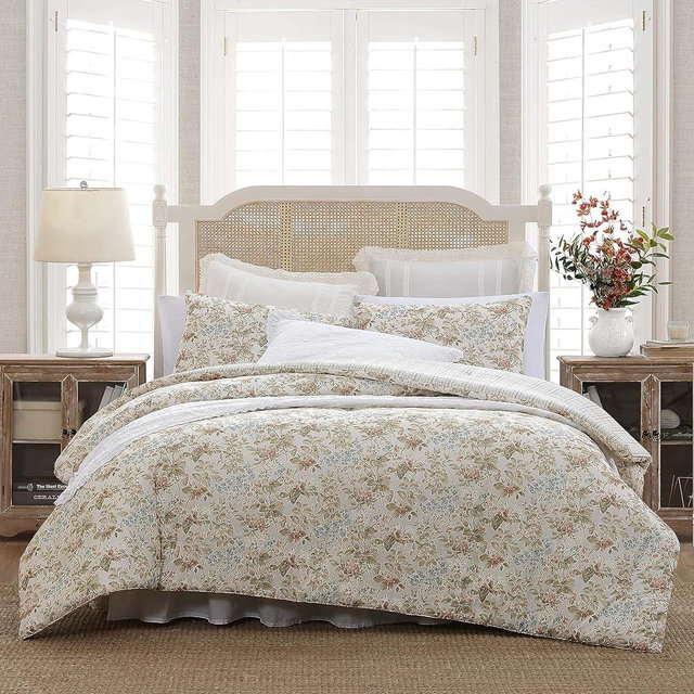 Laura Ashley - Queen Comforter Set, Reversible Cotton Bedding with Matching Shams, Floral Home Decor with Plaid Reverse (Bramble Floral Beige, Queen)