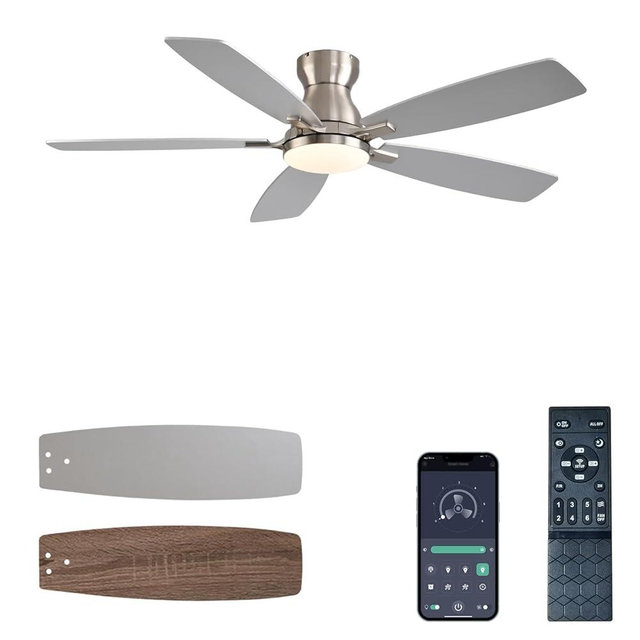 JSAITEE Ceiling Fans with Lights, 52 Inch Low Profile Ceiling Fan with Light and Remote Control, Flush Mount, DC Reversible Motor, Noiseless, Nickel 6 Speeds Ceiling Fan for Bedroom