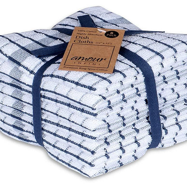 AMOUR INFINI Grid Terry Dish Cloth | Set of 8 | 12 x 12 Inches | Low Lint, Super Soft and Absorbent |100% Cotton Dish Rags | Perfect for Household and Commercial Uses | Blue