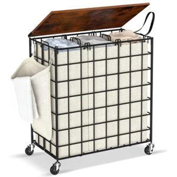 Laundry Basket with Wheels, Heavy Duty Laundry Sorter 3 Sections, 140L (37Gal.) Large Capacity Laundry Hamper with Wood Lid, 360 Rolling Wheels, Extra Side Pocket, Leather Pull Handle (Beige)