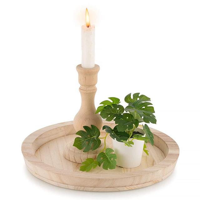 Hanobe Wood Decorative Tray - Round Unfinished Wooden Craft Trays DIY Ottoman Serving Tray Centerpiece Candle Holder Trays for Kitchen Countertop Crafts Art Home Decor Montessori Activity