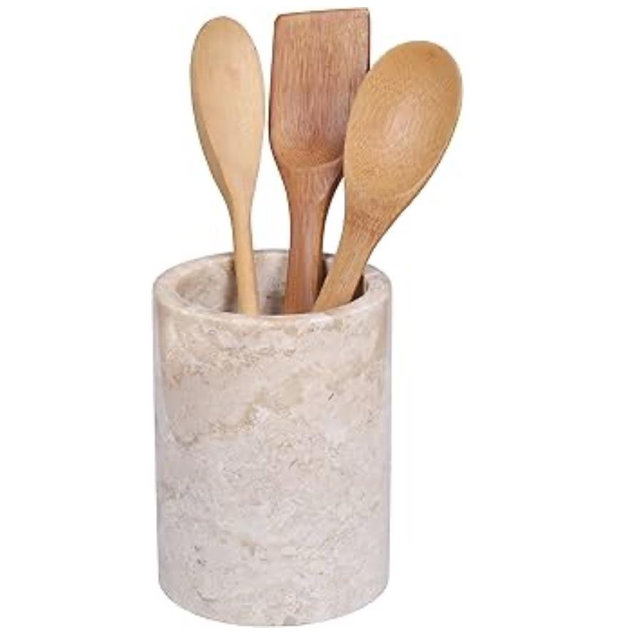 Creative Home Natural Champagne Marble Multi-Functional Tool Crock, 5" Diameter x 7" H, Beige Color