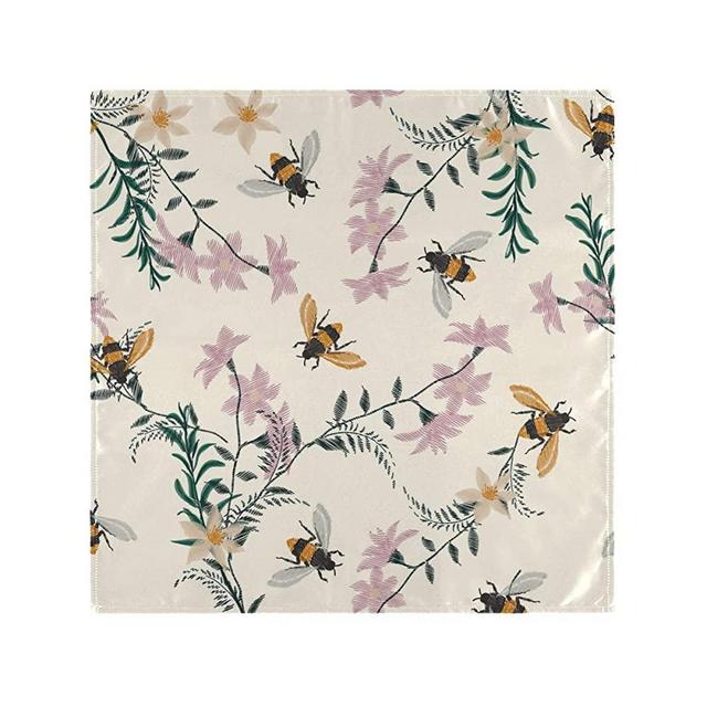 Auskid Nature Floral Bee Cloth Napkins Set of 6, Washable Polyester Dinner Napkin, 20 x 20 Inch Table Napkins for Family, Parties, Weddings, Restaurant, Holiday Dinner