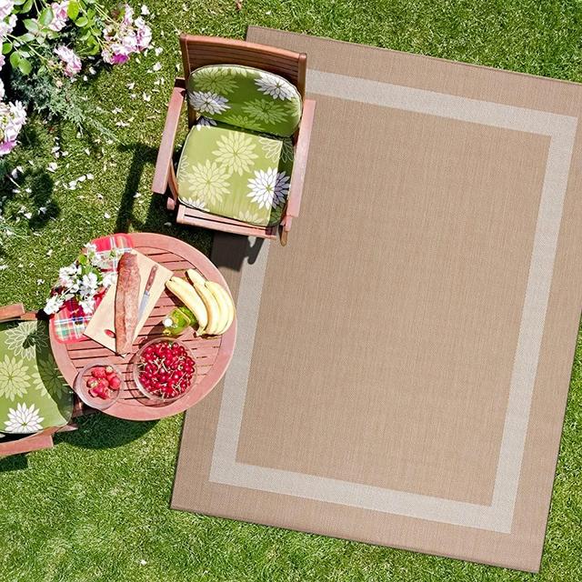 CAMILSON Outdoor Rug - Modern Area Rugs for Indoor and Outdoor patios, Kitchen and Hallway mats - Washable Outside Carpet (5x7, Bordered - Beige / White)