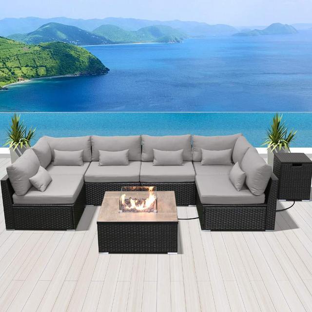DINELI Patio Furniture Sectional Sofa with Gas Fire Pit Table Outdoor Patio Furniture Sets Propane Fire Pit (Light Gray - Square firepit)