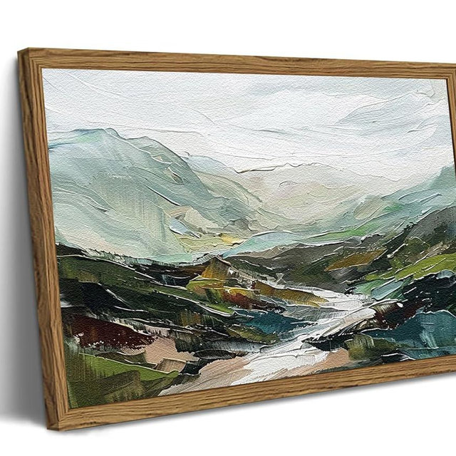 Framed 3D Textured Mountain Wall Art, Abstract Green Landscape Mountain River Wall Decor Paintings, Hand Drawn Sandstone Modern Aesthetic Home Decor Pictures for Living Room Bedroom Office 12x16 inch