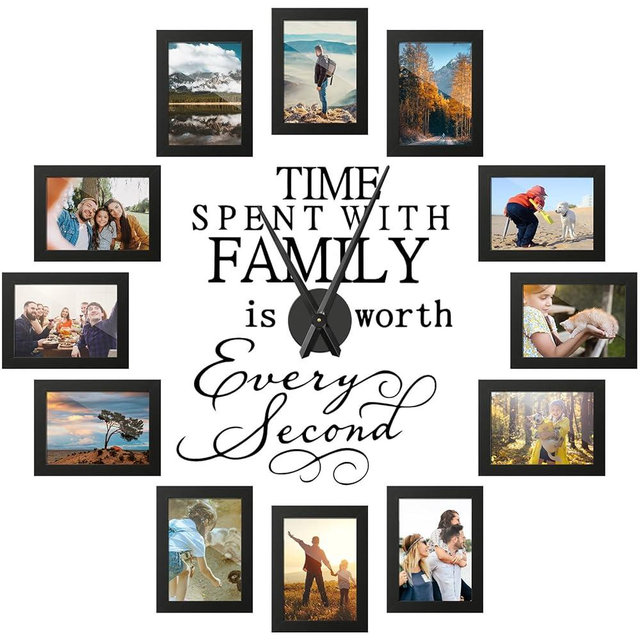 Briwooody Family Photo Clock Frame Wall Decor for Living Room, Family Picture Frame Clock Wall Art, Mother's Day Gifts, Mom Birthday Gifts, Room Decor(5 x 7 Inch,Black)