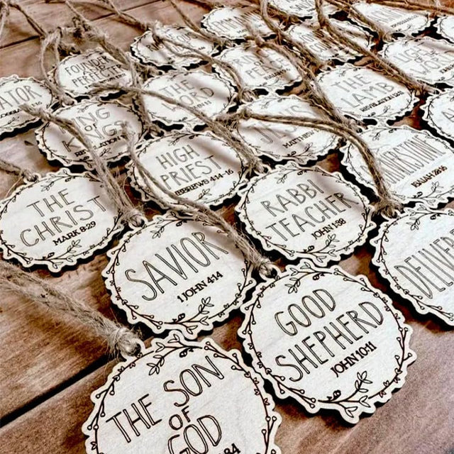 25 Pack Names of Jesus Christmas Ornaments, Wood 5.5cm / 2.2 inch Diameter | Name of Jesus Advent, Religious Ornaments, Christian Gifts for Women Men, Christmas Decorations