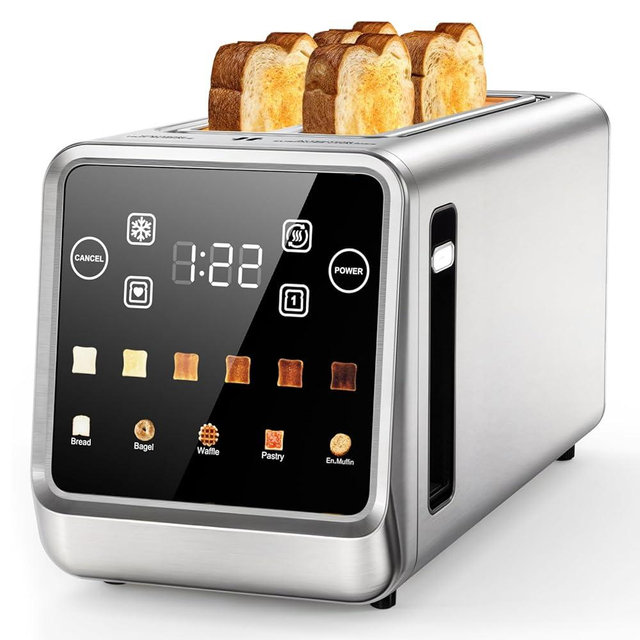 Smart 4-Slice Toaster, 75° Touchscreen with Digital Timer & Even-Heat Tech, Extra-Wide Slots for Bagels & Thick Bread, 6 Browning Levels, Defrost/Reheat, Single-Slot Energy Saving