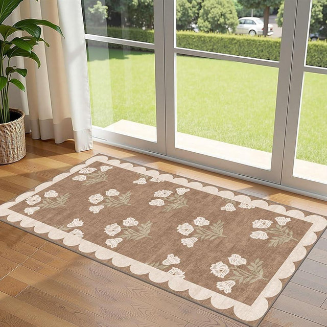 Othilic Front Door Mat Indoor Entrance - 2x4.3 Ft Floral Washable Layered Doormat Outdoor Entrance Porch Rug Non-Slip Tan Boho Farmhouse Runner Rug for Kitchen Hallway Bedroom Laundry Room Porch Decor