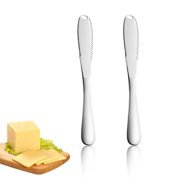 IJPDDRXYN 2 Pack Stainless Steel Butter Knives with Holes – 3-in-1 Spreader, Grater & Slicer for Cold Butter, Cheese & Jam – Dishwasher Safe, Rust-Resistant with Soft Ergonomic Handle