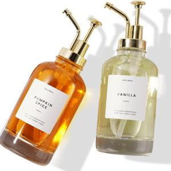 Molimoli Syrup Dispenser for Coffee Bars, Glass Syrup Bottle w. Pump, 16.9 oz 500 ml, Set of 2, Gold Upgraded Dispenser