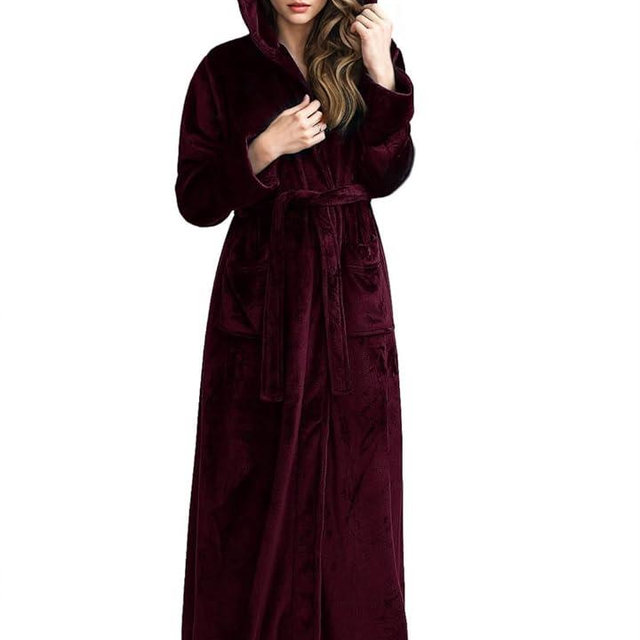Hellomamma Long Hooded Robe for Women Luxurious Flannel Fleece Full Length Bathrobe Winter Warm Pajamas Shower Nightgown