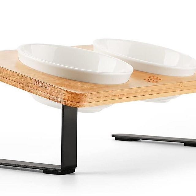 Ceramic Elevated Cat Bowls, 15° Tilted Raised Cat Food Bowls for Food and Water, Indoor Cat Dishes with Bamboo Stand Anti Vomiting for Cats and Puppy, Pet Bowl Set with Anti Slip Feet, Dishwasher Safe
