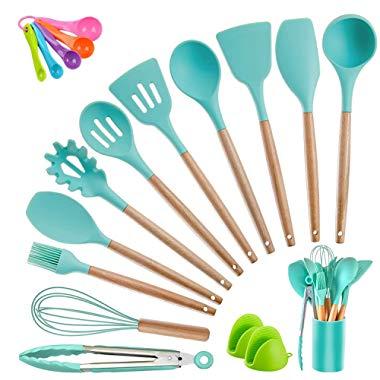 Kitchen Utensil Set Silicone Cooking Utensils, CROSDE 19pcs Kitchen Utensils Set Tools Wooden Handle Spoons Spatula Set Cookware Turner Tongs Kitchen Gadgets with Holder - Teal