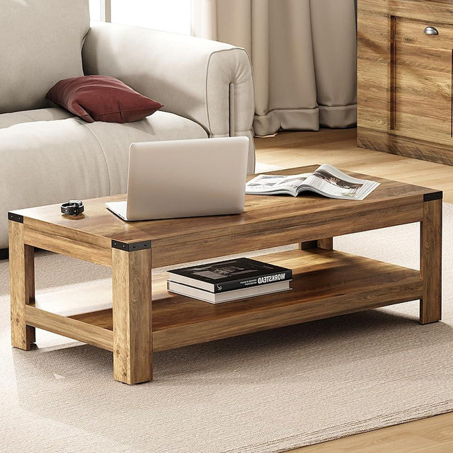 Farmhouse Coffee Table, 47.2" Modern Rustic Wooden Center Table with Storage, Rectangle Living Room Tables, 2-Tier Industrial Cocktail Tea Table for Living Room