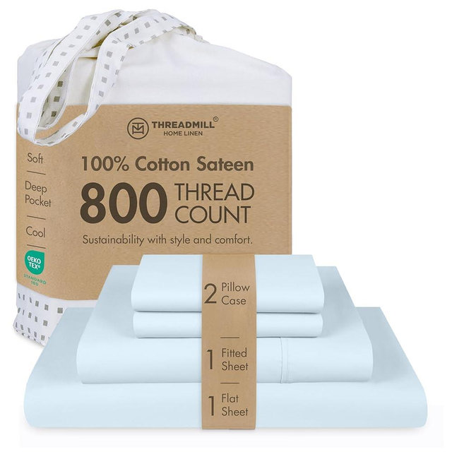 Threadmill Luxury 800 Thread Count Full Size 100% Cotton Sheets - Light Blue Sateen Weave Bed-Sheets, Better Than Egyptian Cotton, 4 Pc Solid Bedding Set, Fits 16" Deep Pocket