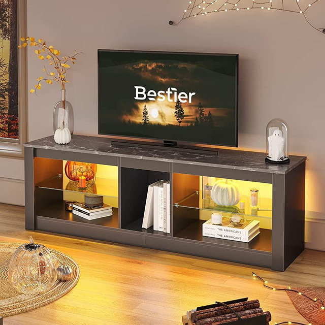 Bestier TV Stand LED Entertainment Center for 55+ Inch TV Gaming TV Stand Adjustable Glass Shelves 22 Dynamic RGB Modes TV Cabinet Game Console PS4, Black Marble