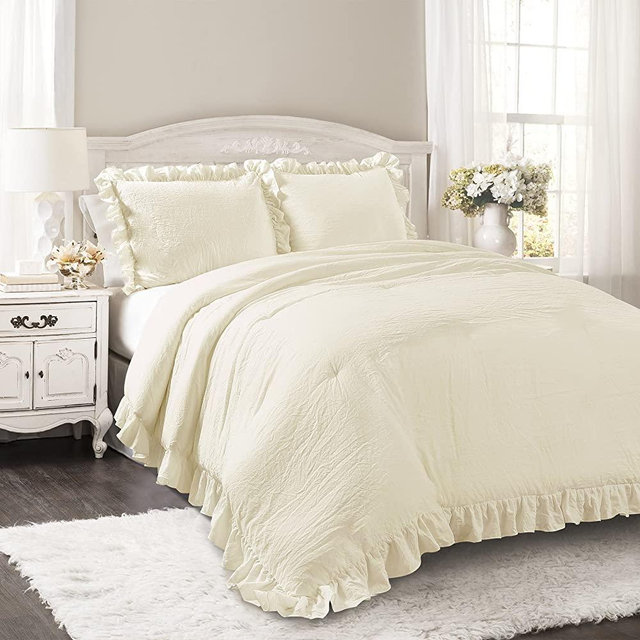 Lush Decor Reyna Comforter Ruffled 3 Piece Bedding Set with Pillow Shams, Full Queen, Ivory