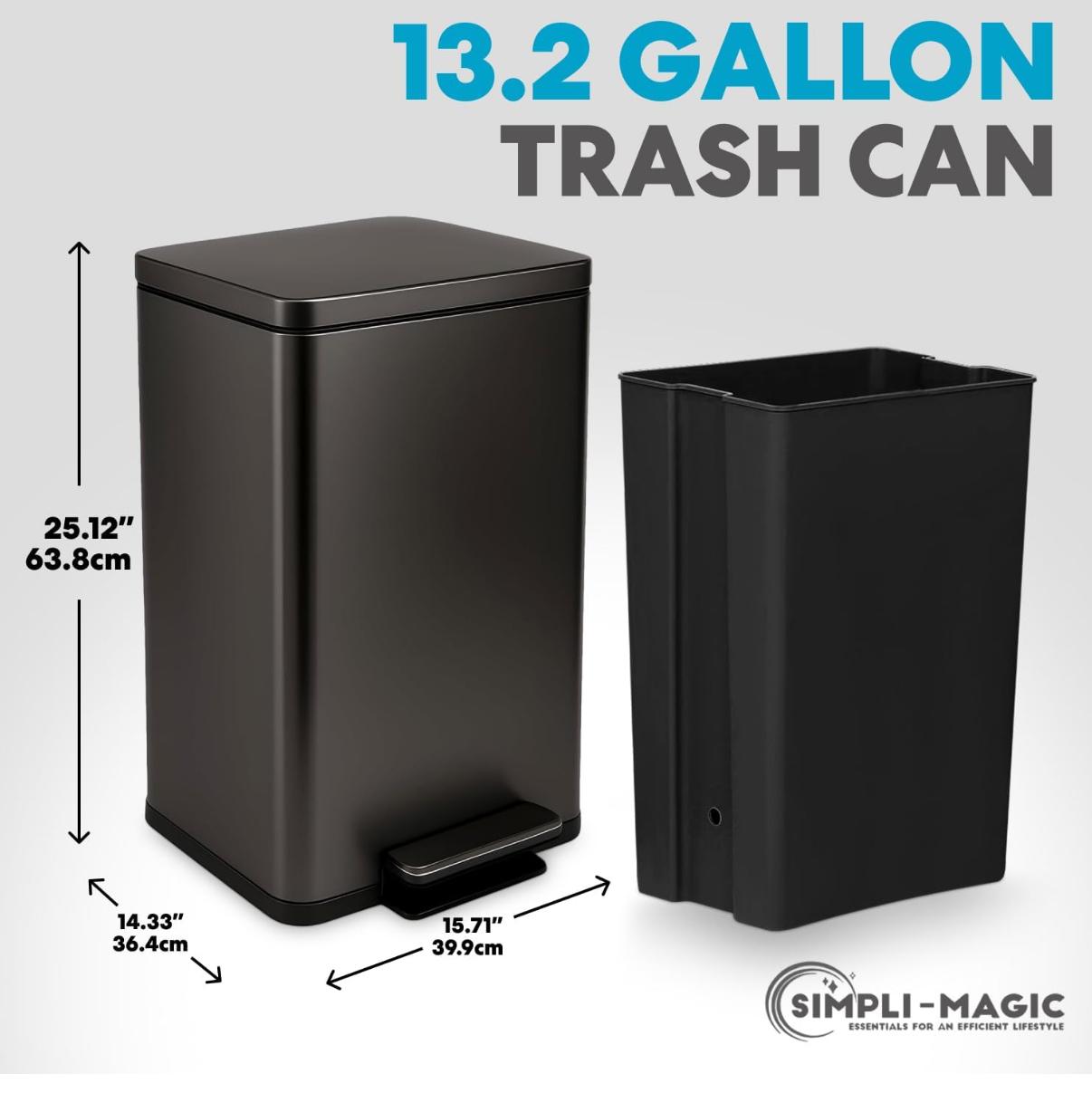 SIMPLI-Magic 13.2 Gallon (50L) Step Trash Can – Kitchen Garbage Can with Slow-Close Lid – Odor Control, Hands-Free, Easy to Clean, Brushed Stainless Steel