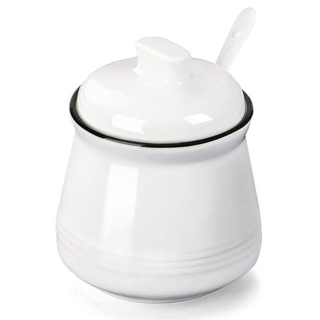 Porcelain Salt Bowl with Lid and Spoon,Ceramic Sugar Bowl 12oz ,White