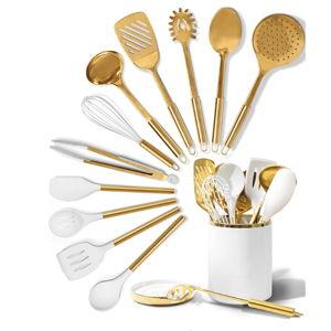 STYLED SETTINGS White and Gold Cooking Utensils Set – 13-Piece Set Includes Gold Kitchen Utensils, Ceramic Utensil Holder and Built-In Spoon Rest – Luxury Kitchen Accessories
