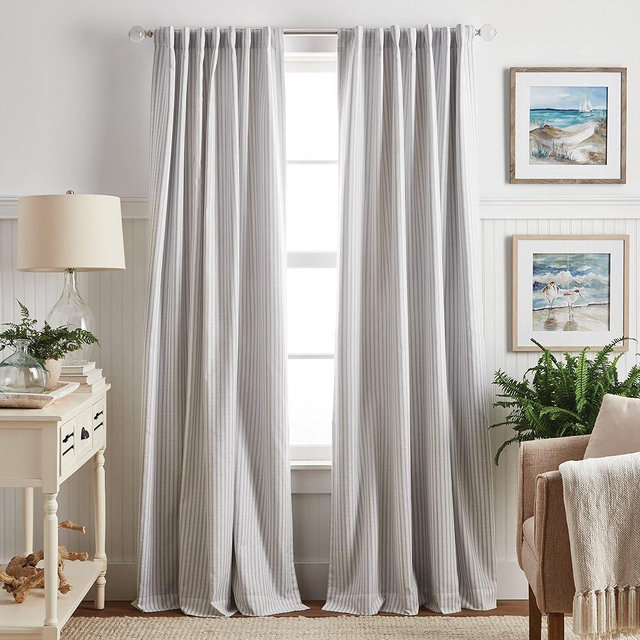 Martha Stewart Ticking Stripe Blackout Lining Rod Pocket/Back Tab Window Curtain Panel Pair, 95", White/Grey