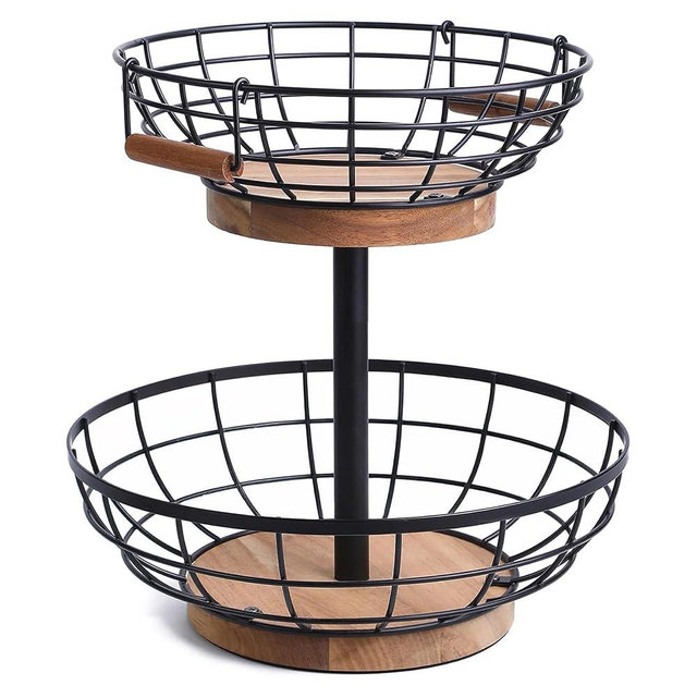 MILENTII 2 Tier Fruit Basket with Banana Hanger, Metal Fruit Bowl Stand with Wooden Base, Kitchen Counter Fruit Organizer for Vegetables, Bread, Snacks Storage Basket