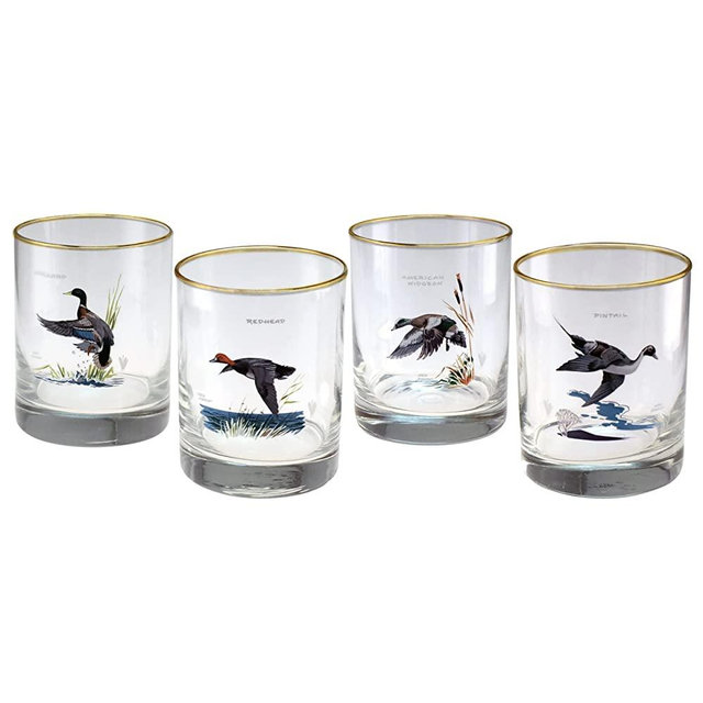Culver Ned Smith 22k Gold Rim Waterfowl DOF Double Old-Fashioned Glasses, 13.5-Ounce, Assorted Set of 4