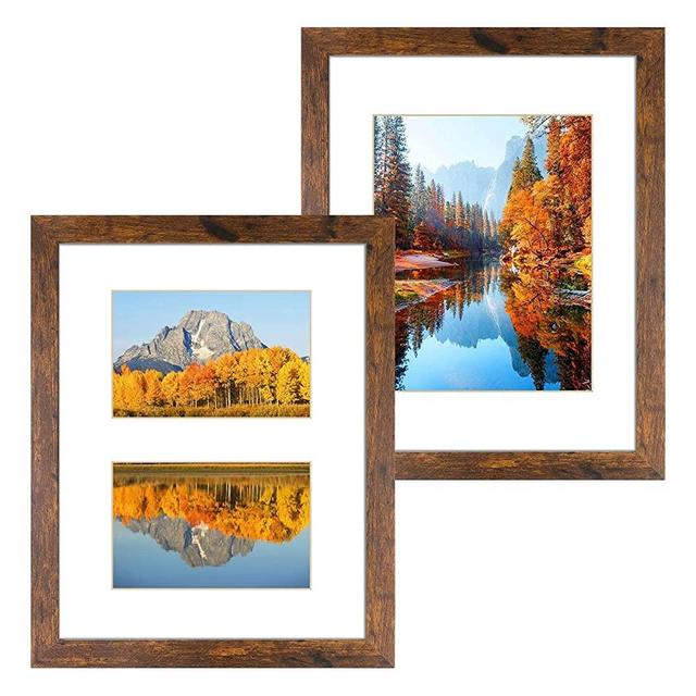 DBWIN 11x14 Picture Frame Rustic Brown Wood Pattern Photo Frame Plexiglass Front 2 Pack,Each Frame with 2 Mats,Display 8x10 or Two 5x7 Photos with Mat Wall Decor(LY01-11X14-BR2)