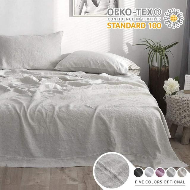 Simple&Opulence 100% Linen Sheet Set with Embroidery Stone Washed - King Size - 4 Pieces (1 Flat Sheet & 1 Fitted Sheet & 2 Pillowcases) Natural Flax Soft Bedding Breathable Farmhouse - Light Grey