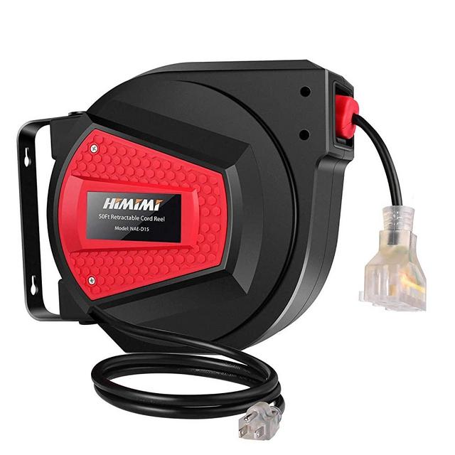 Retractable Extension Cord Reel, 50 FT + 4.5FT Heavy Duty Extension Cord Reels, 14AWG/3C SJTOW, 3 Grounded Outlets, Triple Tap with LED Lighted Connector, 13A Circuit Breaker and Adjustable Stopper