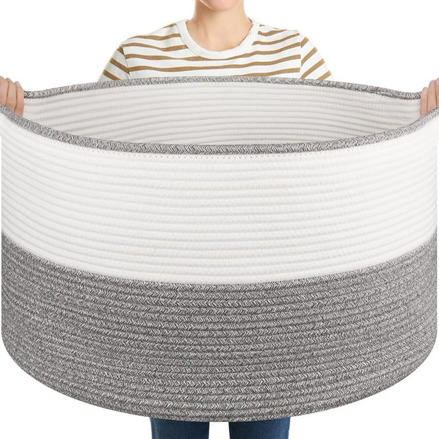 OIASKET Large Blanket Basket with Handles, 22.8" x 22.8" x 13" Woven Storage Basket for Living Room, Cotton Rope Baby Toy Storage for Clothes, Pillows, Towels-Grey and White