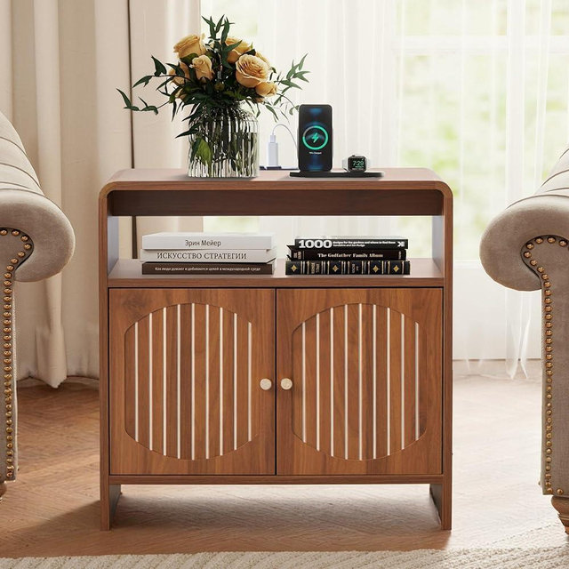 24" Farmhouse Side Table with Charging Station, Mid Century Modern End Table with Storage & Arched Doors, Wooden Nightstand with USB/Type-C Ports, Curved Side Table for Living Room Bedroom(Walnut)