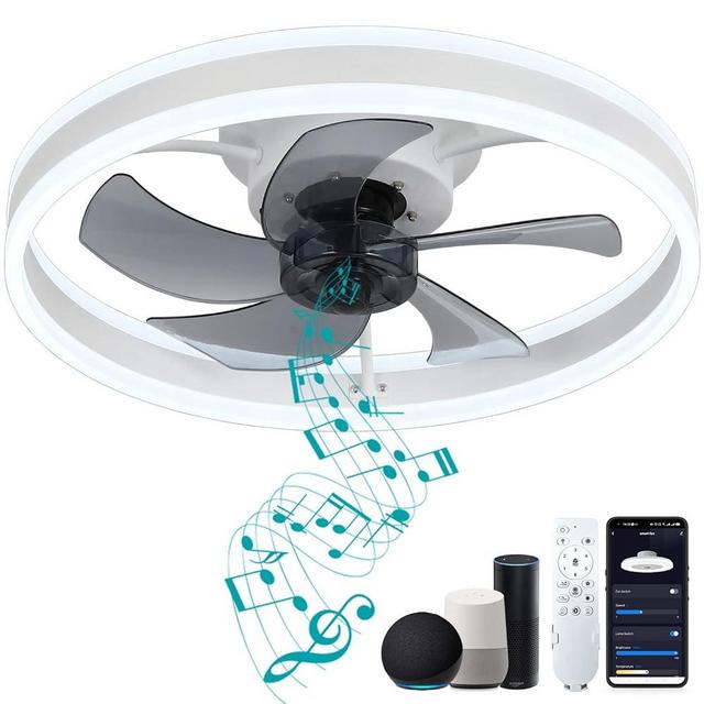 DewShrimp Wifi Low Profile Ceiling Fan Flush Mount Bladeless Ceiling Fan with Remote App Smart Ceiling Fan with Bluetooth Speaker Compatible with Alexa and Google Assistant 6Speeds Reversible 19.8in