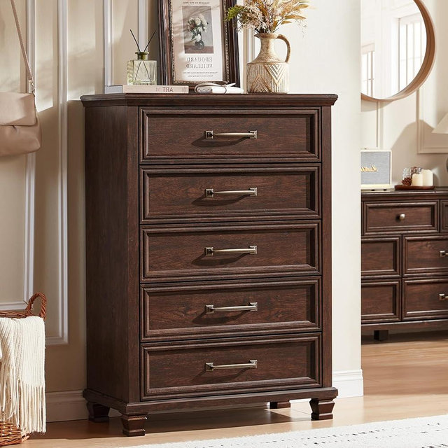 SAVOR LIFE Farmhouse 5 Drawer Dresser for Bedroom, 45” Tall Dresser for Closet, Rustic Wooden Chests of Drawer for Bedroom, Hallway, Entryway, Walnut