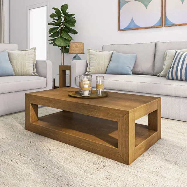 Plank+Beam 48" Modern Rectangular Coffee Table with Shelf, Solid Wood Table with Storage
