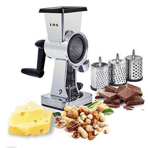 Rotary Cheese Grater Stainless Steel Body Chocolate Drum Slicer Shredder Cutter Nut Grinder with 3 Interchangeable Sharp Drums Slicer 7.5 Inch High