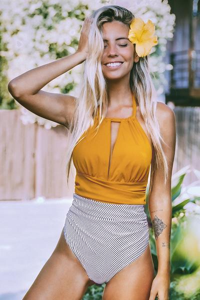 Textured and Striped Halter One-Piece Swimsuit